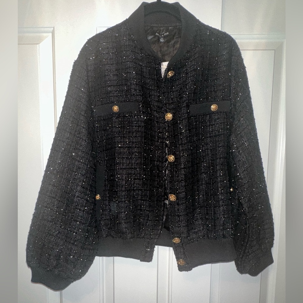 NWT Strut & Bolt Meredith Metallic Tweed Bomber Jacket Black Size Small